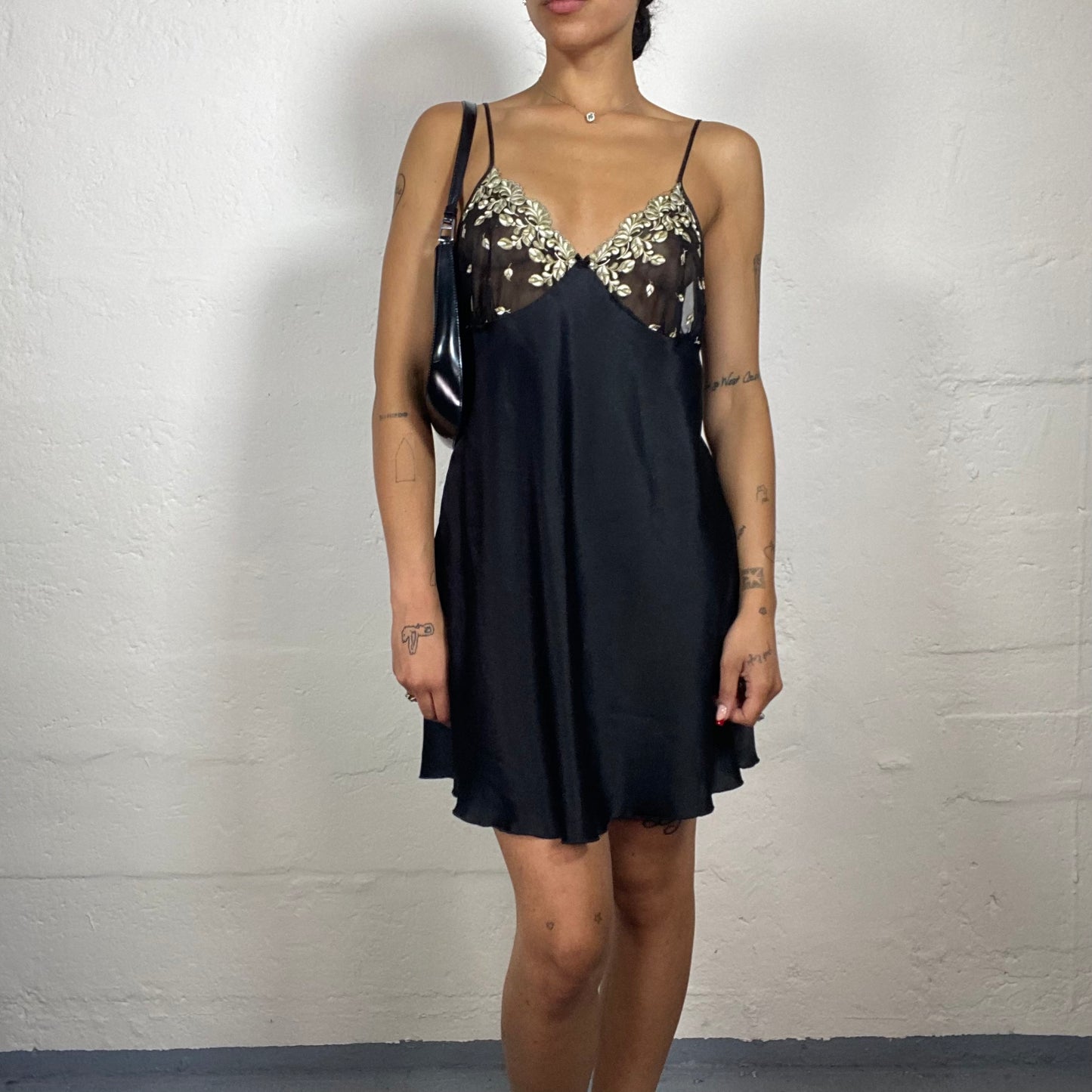 Vintage 2000's Romantic Black Satin Mini Camisole Dress with Beige Lace Floral Bra Embroidery (M)