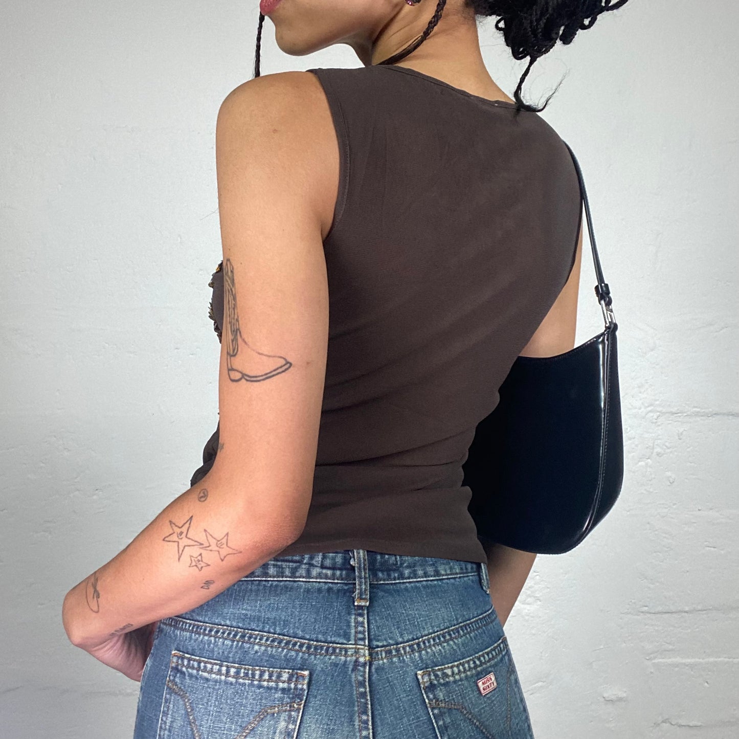 Vintage 2000's Boho Girl Brown Jersey Tank Top with Extra Floral Sequin Embroidery (L)