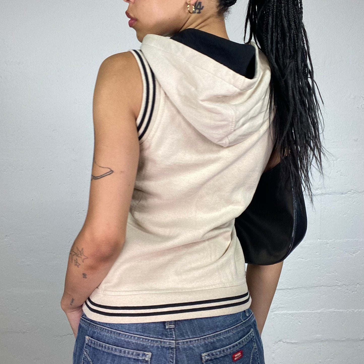 Vintage 2000's Sporty Beige Jersey Sleeveless Zip Up Hoodie with Black Details (S)
