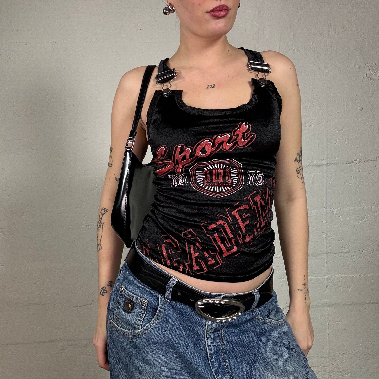 Vintage 2000's Sporty Black Top with Red „Sport Academy“ Print and Buckle Detail (S/M)