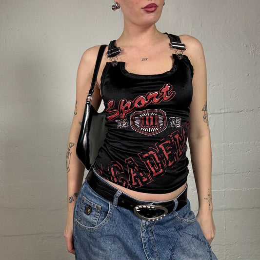 Vintage 2000's Sporty Black Top with Red „Sport Academy“ Print and Buckle Detail (S/M)