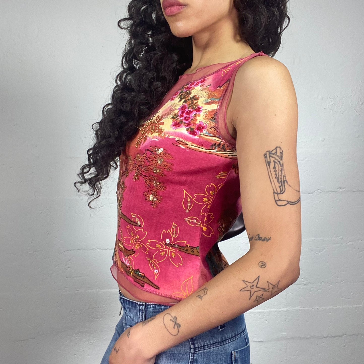 Vintage 2000's Boho Girl Pink and Orange Printed Tank Top with Mesh Detail (S)