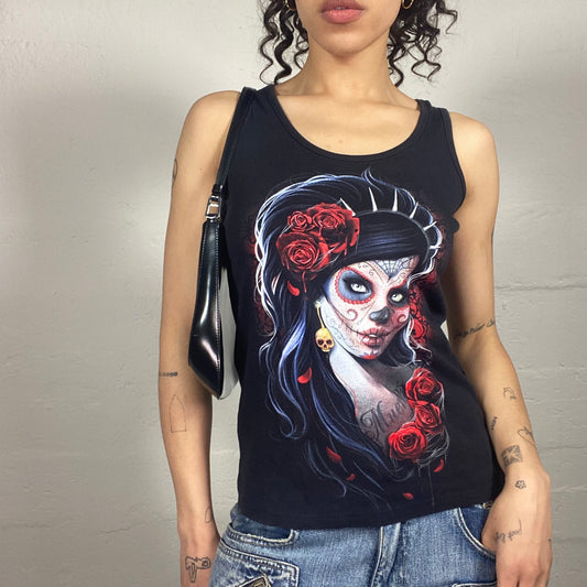 Vintage 2000's Gothic Black Tank Top with Animated Girl with Roses Print (S)