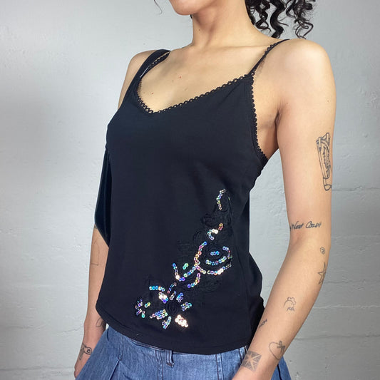 Vintage 2000's Downtown Girl Black Cami Top with Sequins Floral Deco and Crossing Stripes Back (L)