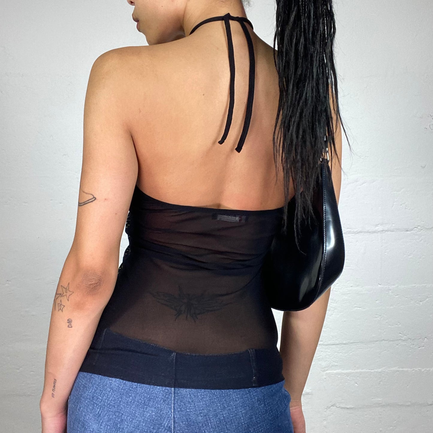 Vintage 2000's Morgan Glam Boho Black Neckholder Top with Gold Shiny Print (S)
