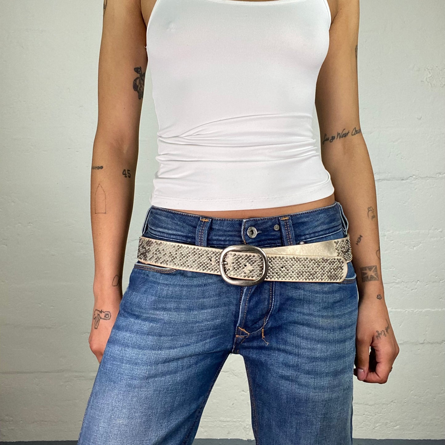 Vintage 2000's Downtown Girl Glam Beige Belt with Metal Mosaic Style Pieces Decoration