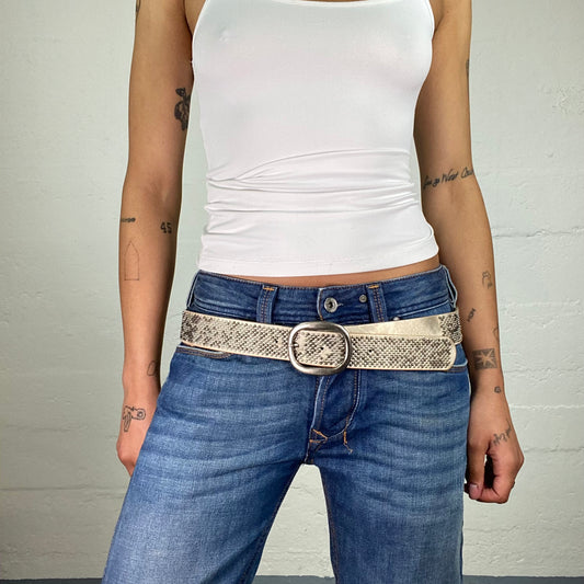 Vintage 2000's Downtown Girl Glam Beige Belt with Metal Mosaic Style Pieces Decoration