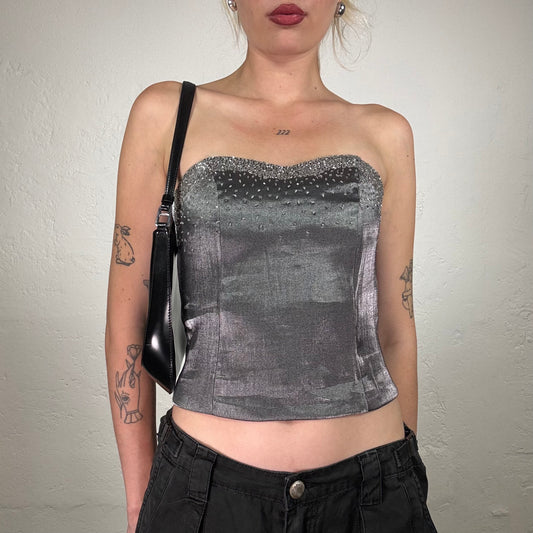 Vintage 2000's Glamorous Satin Silver Bustier Corset Top with Sequin Embroidery (S)