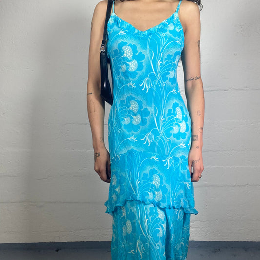 Vintage 2000's Summer Aquamarin Layered Asymmetric Cami Dress with Bra Ruffles and White Floral Print (M)