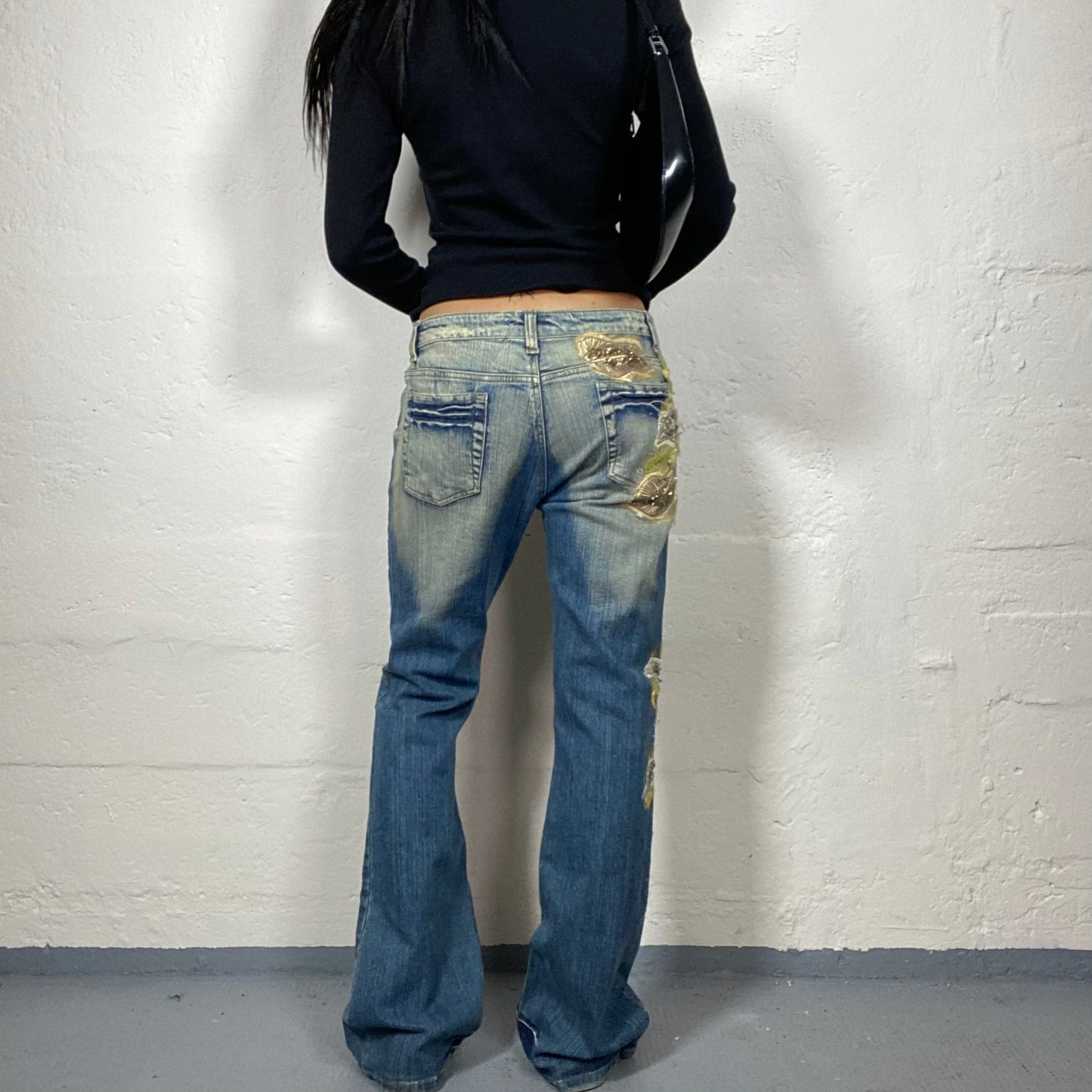 Vintage 2000's Cowgirl Blue Beige Wash Outs Low Waisted Bootcut Jeans with Boho Style Embroidery (M/L)