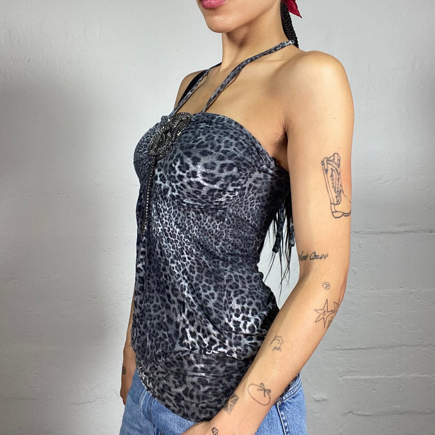 Vintage 2000's Glamorous Blue and Grey Leo Print Draped Neckholder Top with Shiny Silver Detail (XS)