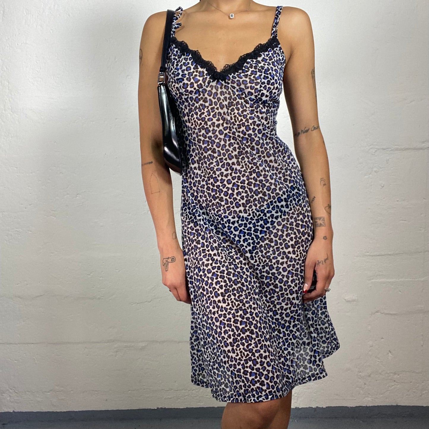 Vintage 2000's Soft Girl Summer Blue Toned Half See Through Chiffon Mini Leo Print Cami Dress (S)