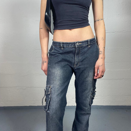 Vintage 2000's Hip-Hop Style Dark Wash Denim Low Waisted Straight Fit Cargo Jeans (XL)