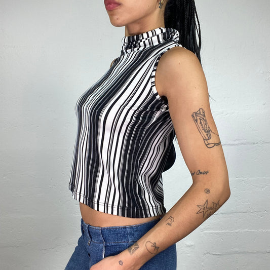 Vintage 2000's Funky Black and White Striped Turtleneck Tank Top (M)