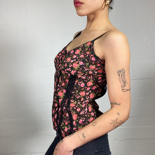 Vintage 2000's Soft Girl Black Corset Style Top with Pink Floral Print (S)