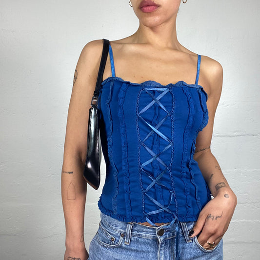 Vintage 2000's Sunny Day Walk Royal Blue Cami Top with Ruffles and Silky Lace Up Details (M)