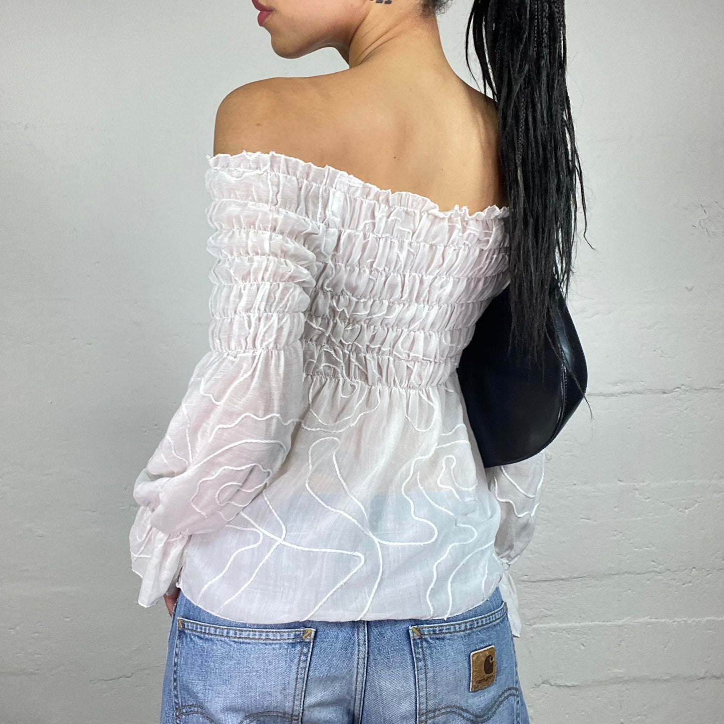 Vintage 2000's Romantic White Chiffon Ruffled Longsleeve Off Shoulder Blouse (S)