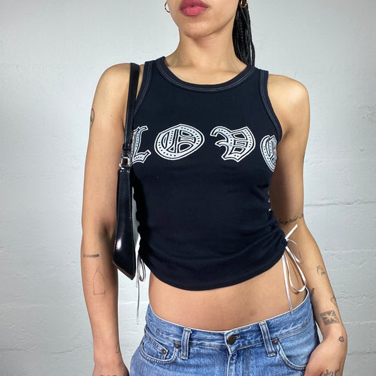 Vintage 2000's Sporty White Typo Printed Silky Ribbons Detailed Black Tank Top (XS)
