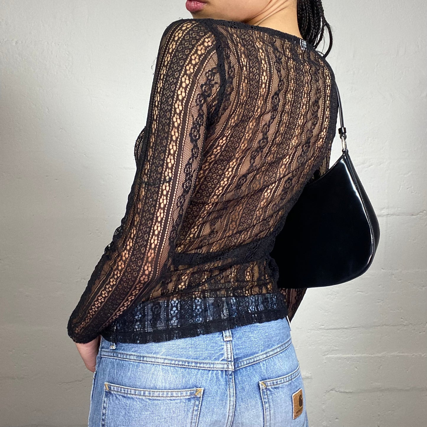 Vintage 2000's Grunge Black See Through Lace Floral Pattern Longsleeve Top (S)