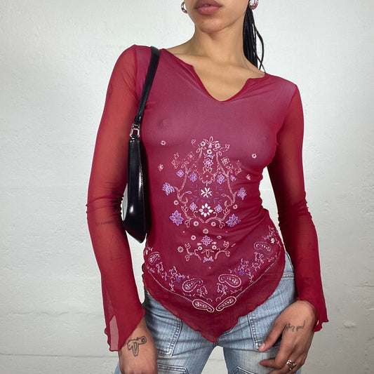 Vintage 2000’s Summer Boho Girl Red Mesh See Through Asymmetric Longsleeve Top with Floral Print (M)