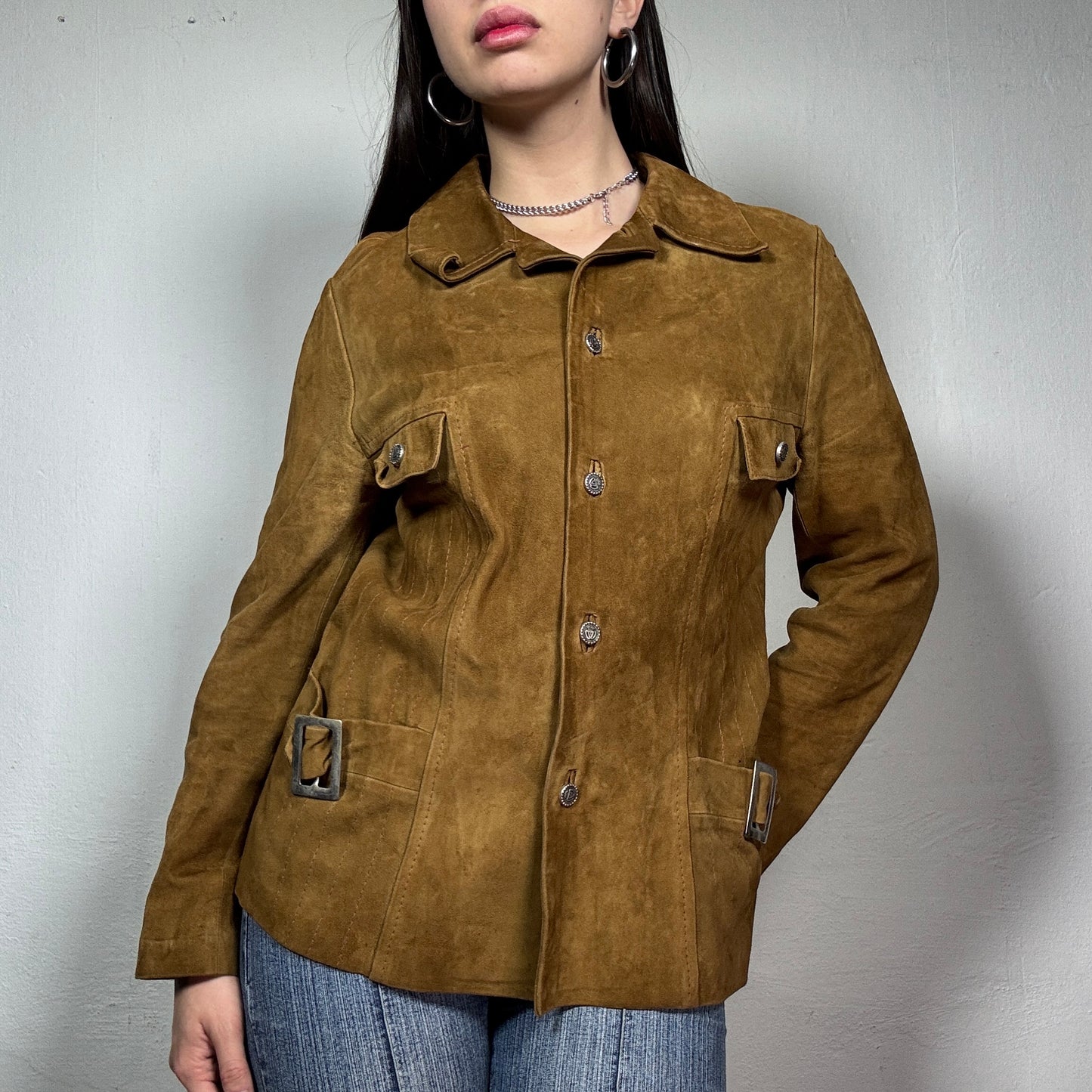 Vintage 90’s Suede Effect Brown Button Up Jacket with Side Belts (S)
