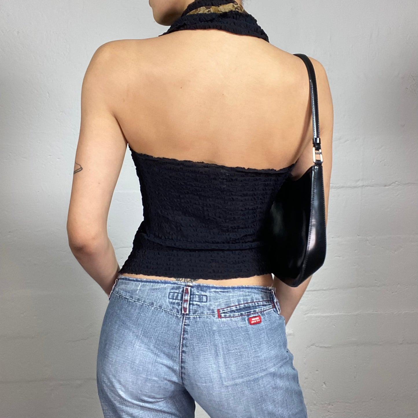 Vintage 2000's Boho Chic Black Textured Neckholder Top with Brown Detail (M)