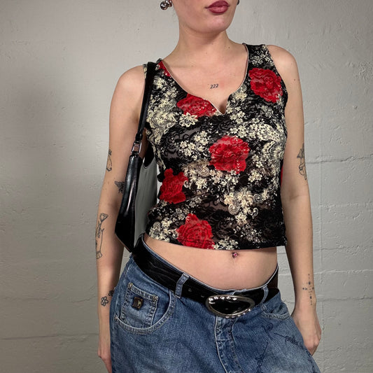 Vintage 2000's Romantic Red V-Neck Lace Top with Rose Print (S/M)
