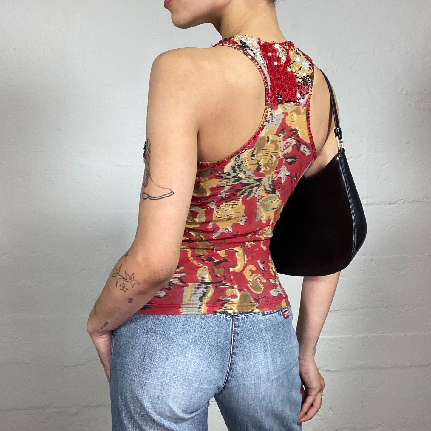 Vintage 2000's Summer Clubwear Red Sequins Covered Tank Top with Floral Pattern (S)