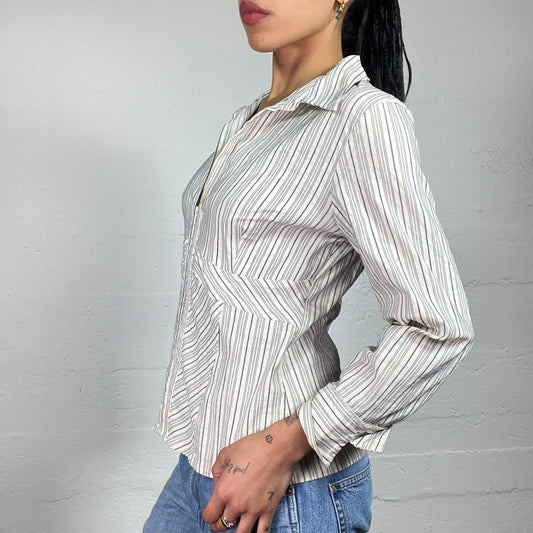Vintage 2000's Office Girl White Casual Striped Button Up Shirt (L)