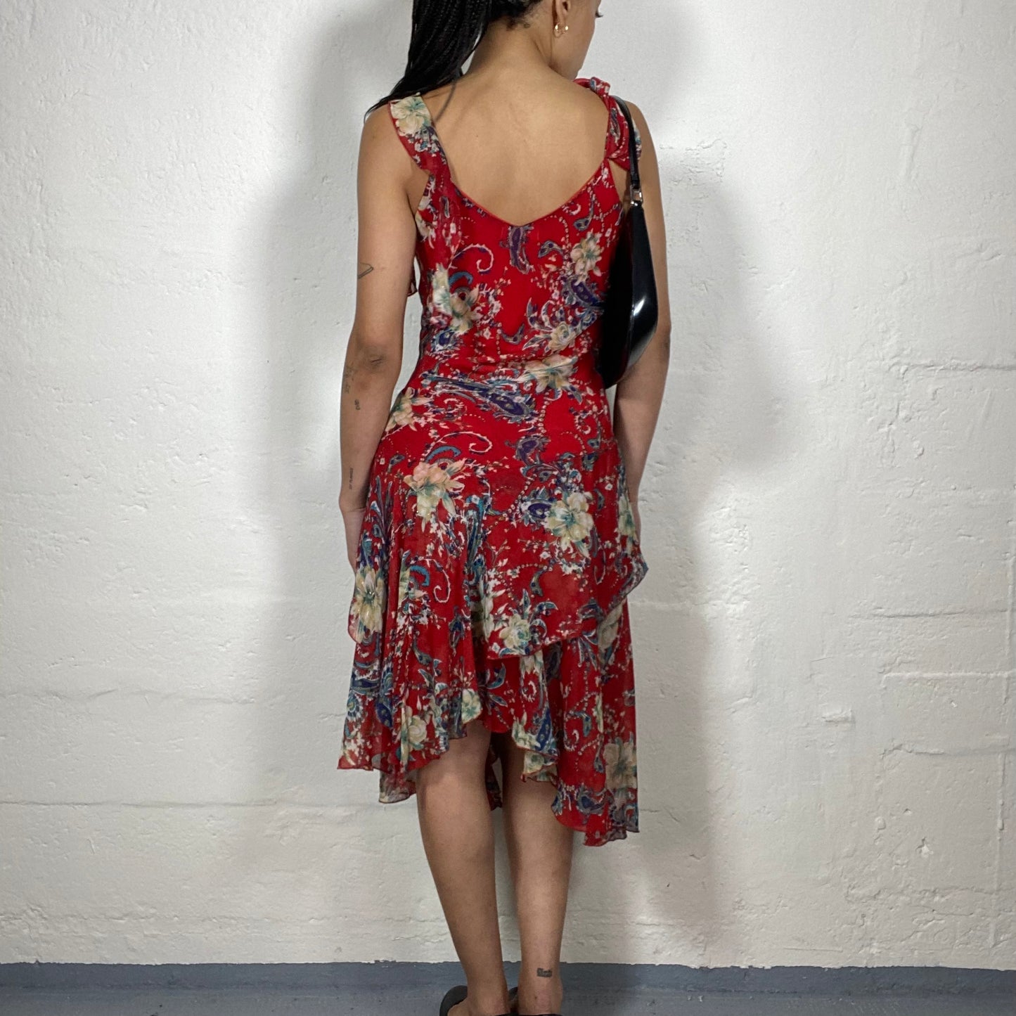 Vintage 2000's Boho Chic Red Asymmetric Layered Midi Dress with Boho Style Print (M)