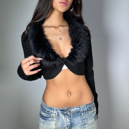 Vintage 90’s Sleaze Black Cropped Knit Cardigan with Fur Collar (S)