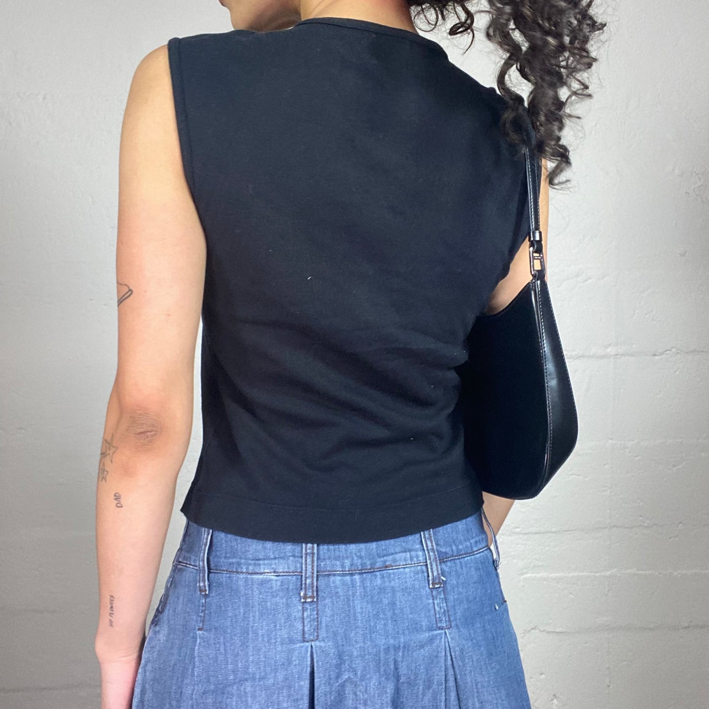 Vintage 2000's Miss Sixty Funky Black Tank Top with Multicoloured Rhinestone 50’s Embroidery (XL)