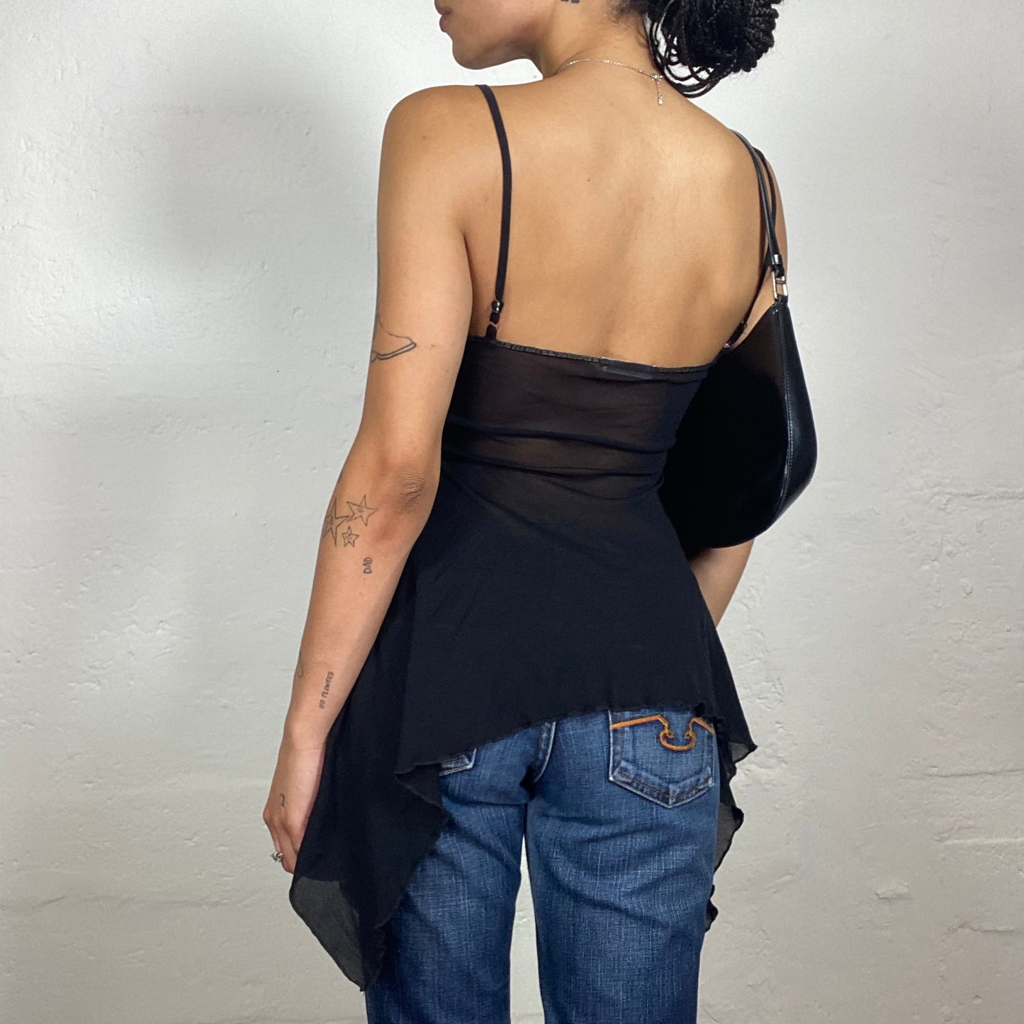 Vintage 2000's Night Out Black Draped Asymmetric Trim Cami Top with Beige Lace Band Detail (S)