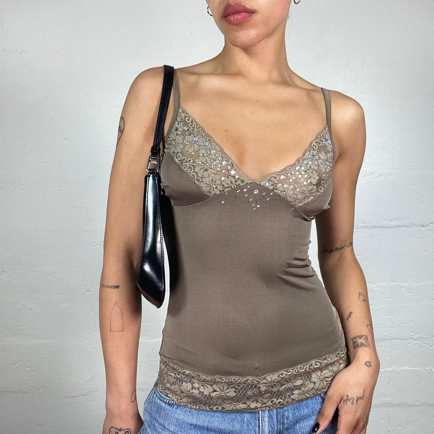 Vintage 2000's Casual Dark Beige Cami Top with Lace Details and Rhinestones (S)
