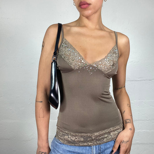 Vintage 2000's Casual Dark Beige Cami Top with Lace Details and Rhinestones (S)