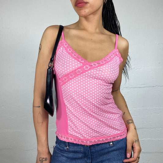 Vintage 2000's Soft Girl Pink Polka Dot Printed Wrapped Bra Cami Top with Lace Decoration (M)