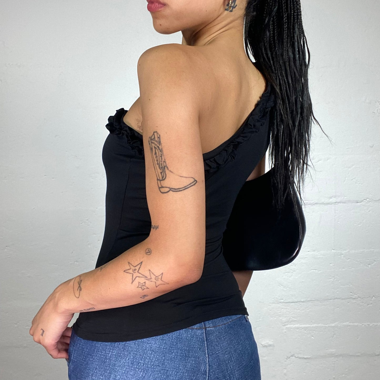 Vintage 2000's Romantic Black Asymmetric One Shoulder Top with Ruffled Trim (S)