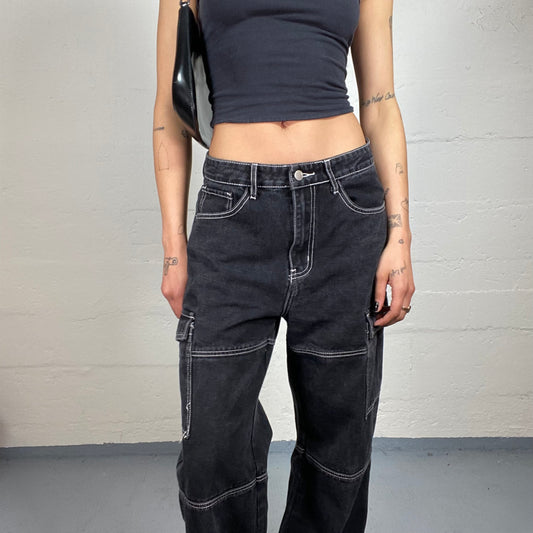 Vintage 2000's Hip-Hop Black Baggy Pocket Details Jeans with White Seaming (S)