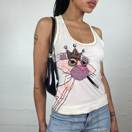 Vintage 2000’s Pinko Downtown Girl White Sporty Cut Tank Top with Pink Panther Cartoon Print (S)