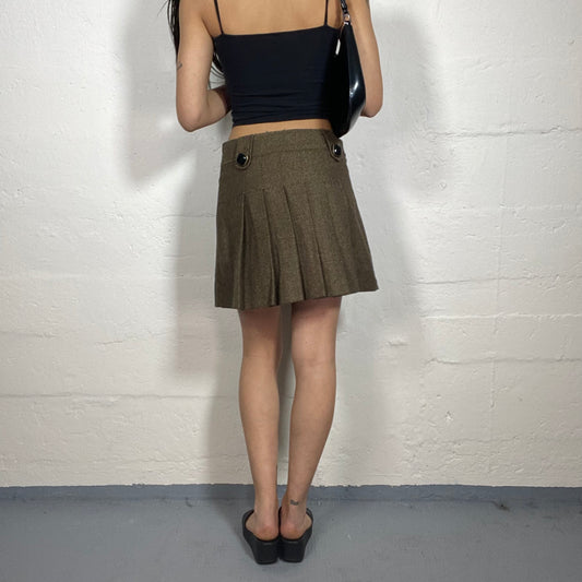 Vintage 90’s Office Girl Brown Pleated Skirt with Button Details (S)