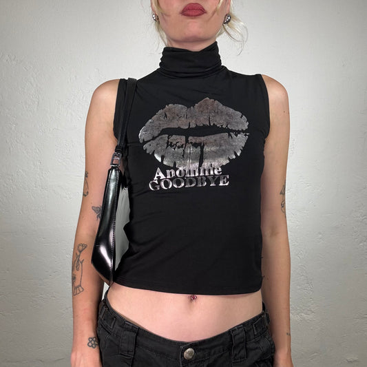 Vintage 2000's Downtown Girl Black Sleeveless Turleneck Top with Silver Lip Print (S)