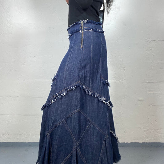 Vintage 2000's Boho Girl Dark Blue Denim Maxi Draped Skirt with Open Trim (S)
