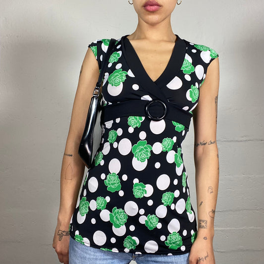 Vintage 2000's Glam Black Coquette Fit Long Top with White and Green Print and Metal Ring Detail (S)