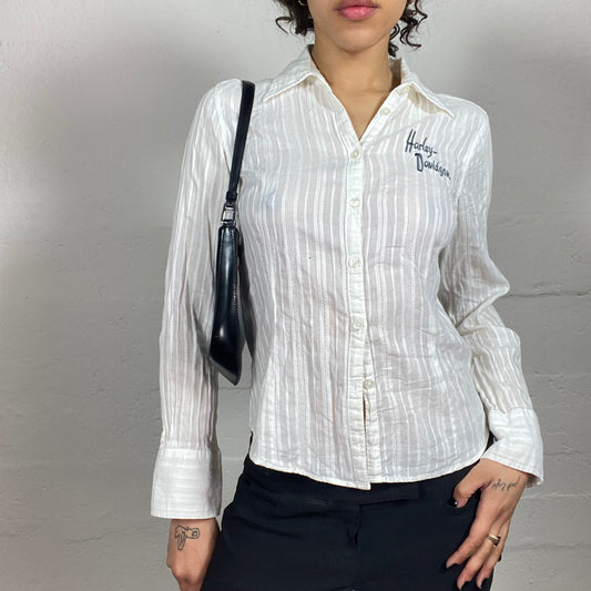 Vintage 2000's Archive Harley Davidson Office Girl Striped White Button Up Shirt (S)