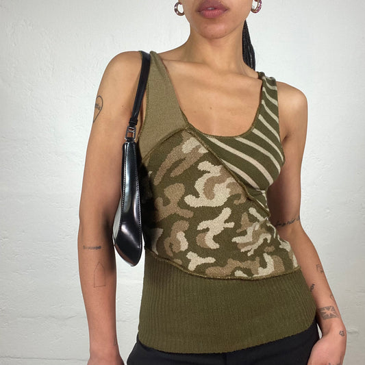 Vintage 2000’s Hip Hop Forest Green Jersey Patchwork Tank Top with Camo and Striped Prints (S)
