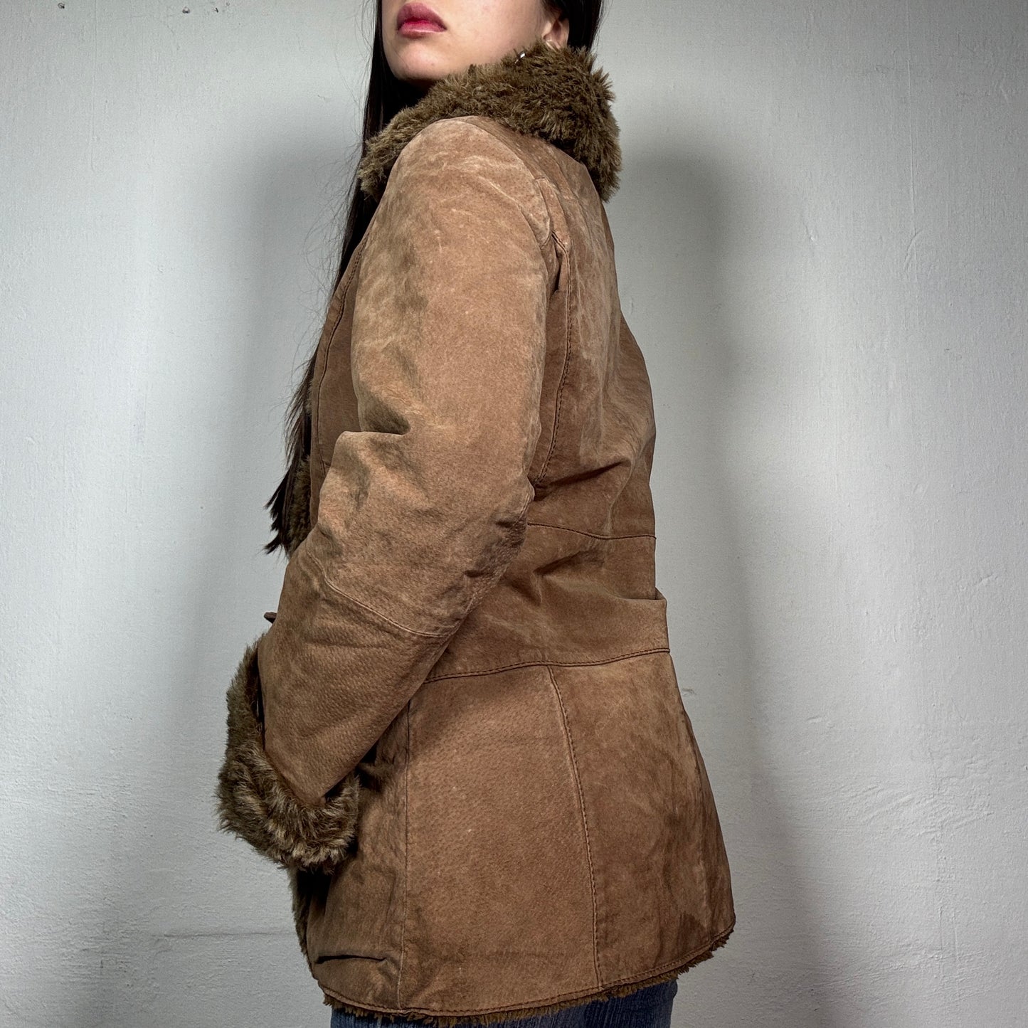 Vintage 90’s Archive Brown Faux Fur Trim Jacket with Belt Closings (S)
