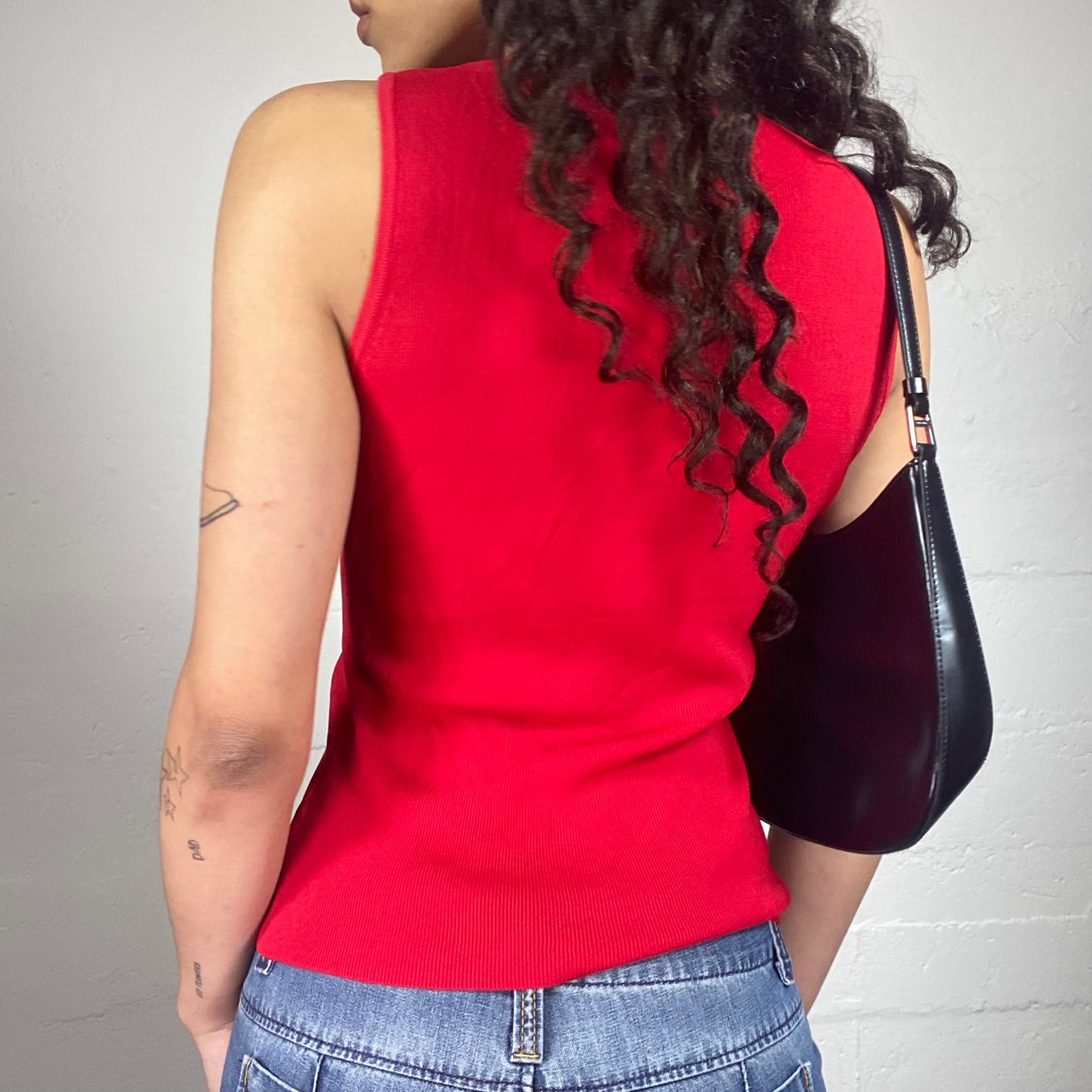 Vintage 2000's Clubwear Blood Red Jersey Tank Top with Sequins Embroidery (S)
