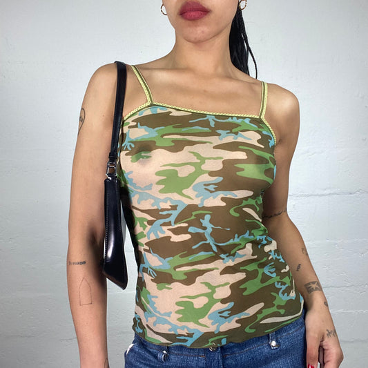 Vintage 2000's Skater Girl Mesh See Through Green Toned Camo Cami Top (S)