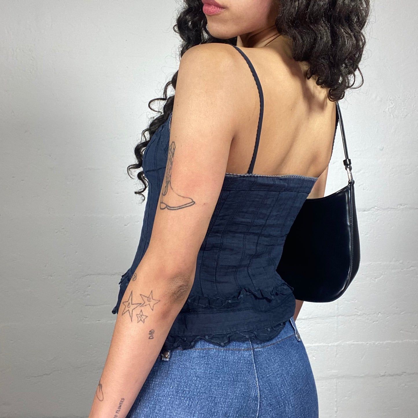 Vintage 2000's Calvin Klein Sunday Date Navy Blue Corset Style Cami Top with Ruffled Details and Front Lace Up (S)