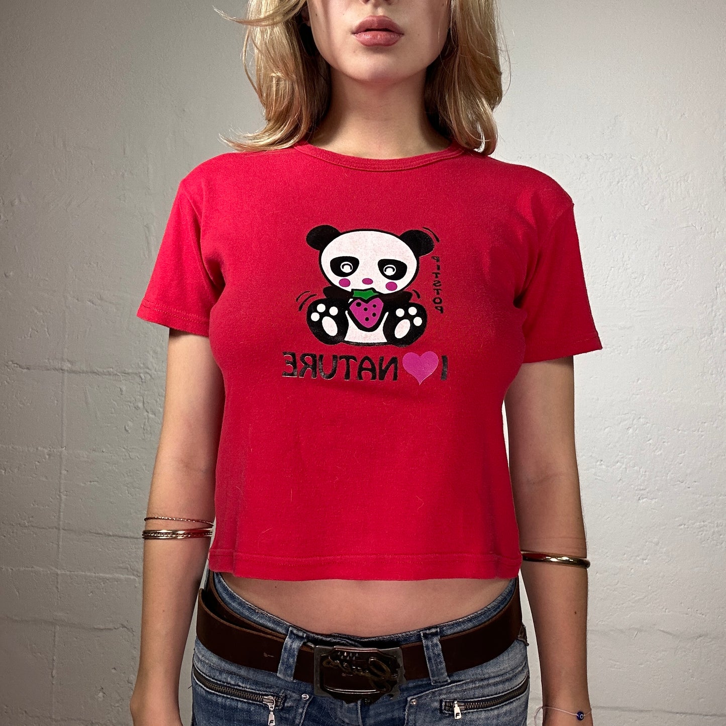 Vintage 2000's Cute Summer Red Baby Tee with Panda I Love Nature Print (M)